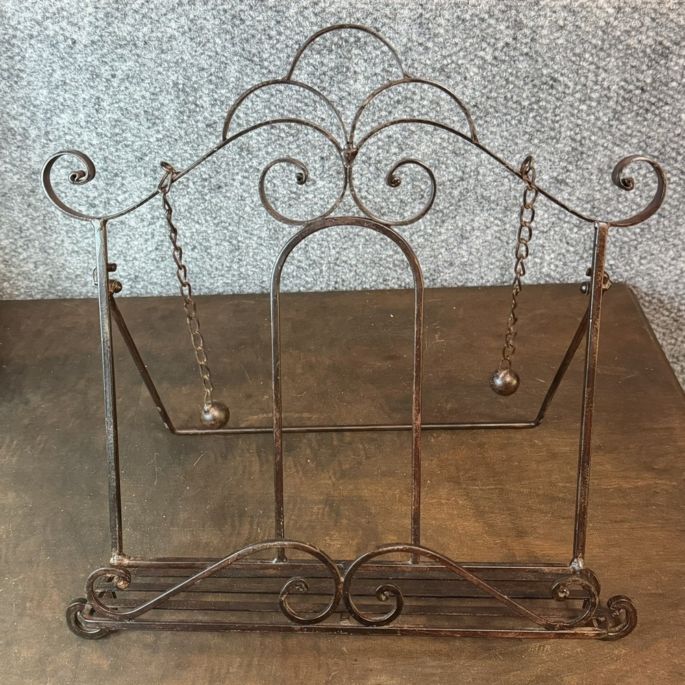 Metal Scrolled Cookbook Stand/Easel With Weighted Chains To Hold Pages.